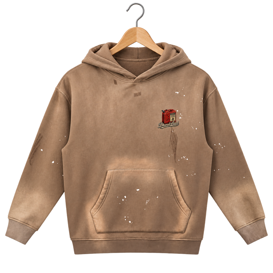 Brown DumbLoud Flammable hoodie with hood down on a wooden hanger