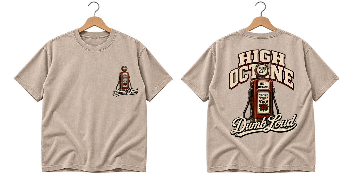 High-Octane T-shirt front and back transparent wooden hanger cutouts