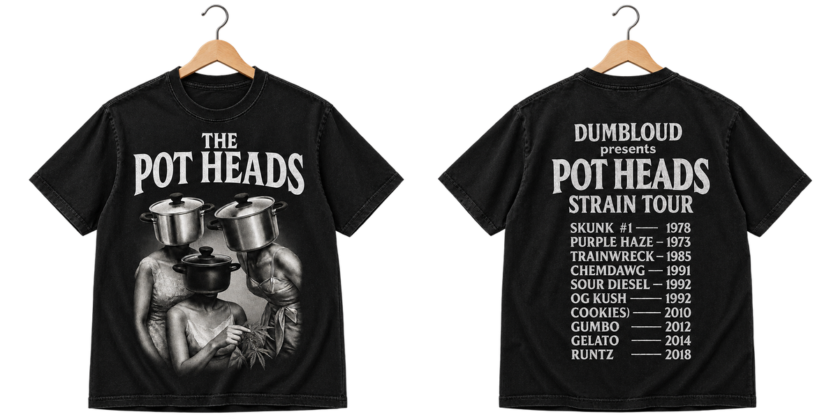 Pot-Heads T-shirt front and back transparent wooden hanger cutouts