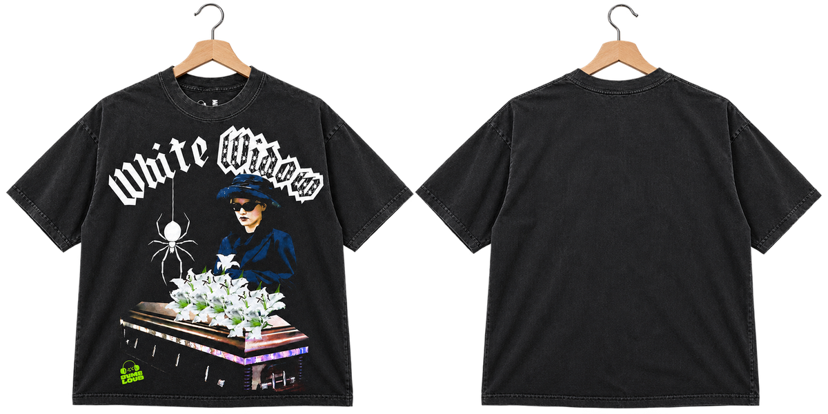 White-Widow T-shirt front and back transparent wooden hanger cutouts