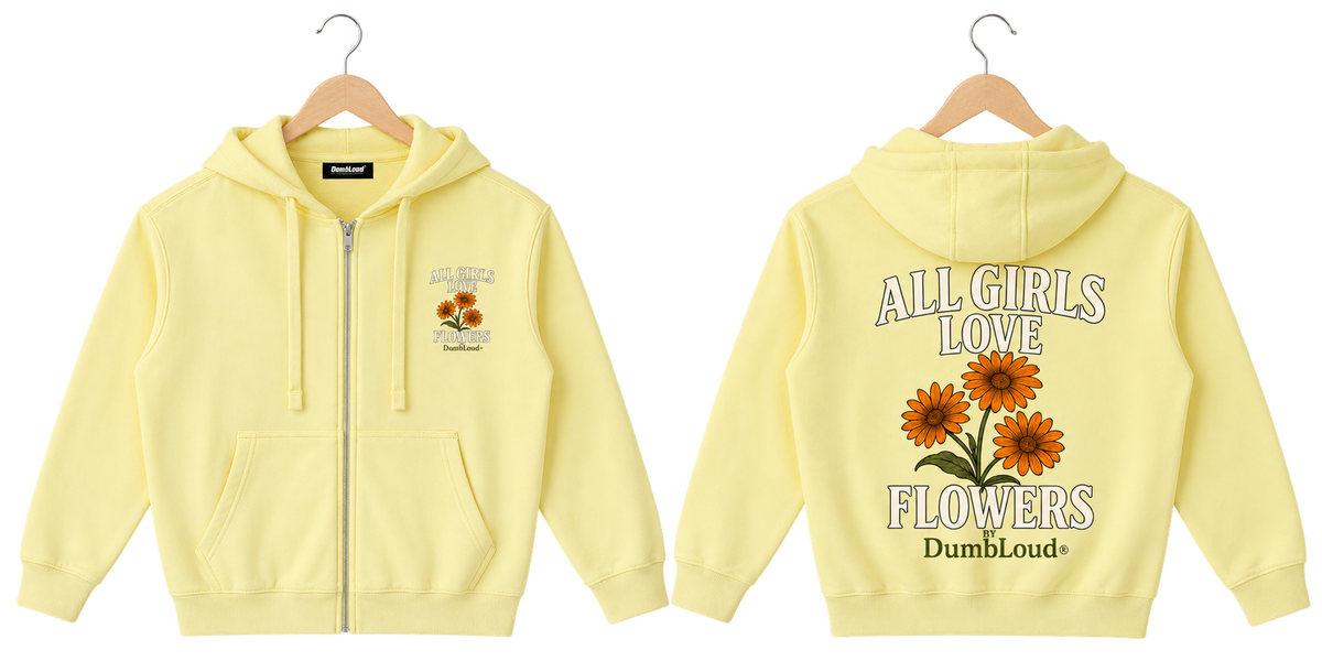 All Girls Love Flowers Ylw Zip Up Hoodie front and back on wooden hangers, hood down