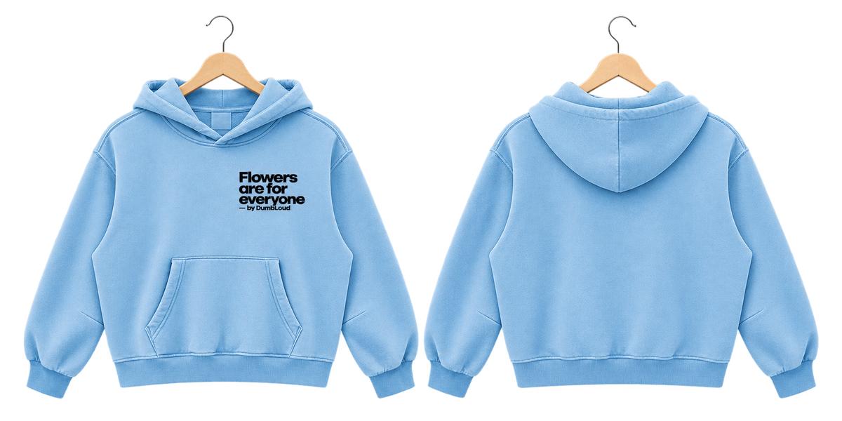 Everyone Loves Flowers Hoodie front and back on wooden hangers, hood down