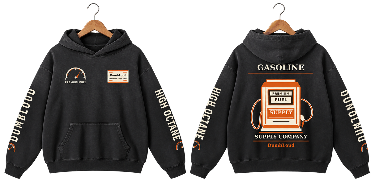 Gasoline Supply Hoodie Black hood down on wooden hanger