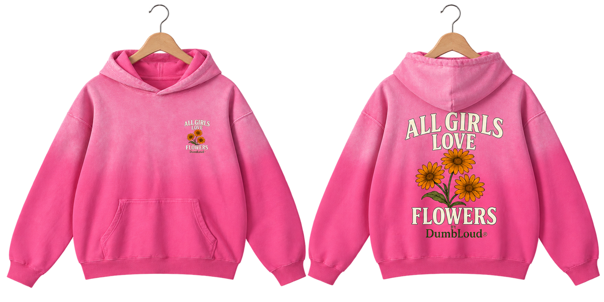 All Girls Love Flowers Hoodie Pink hood down on wooden hanger