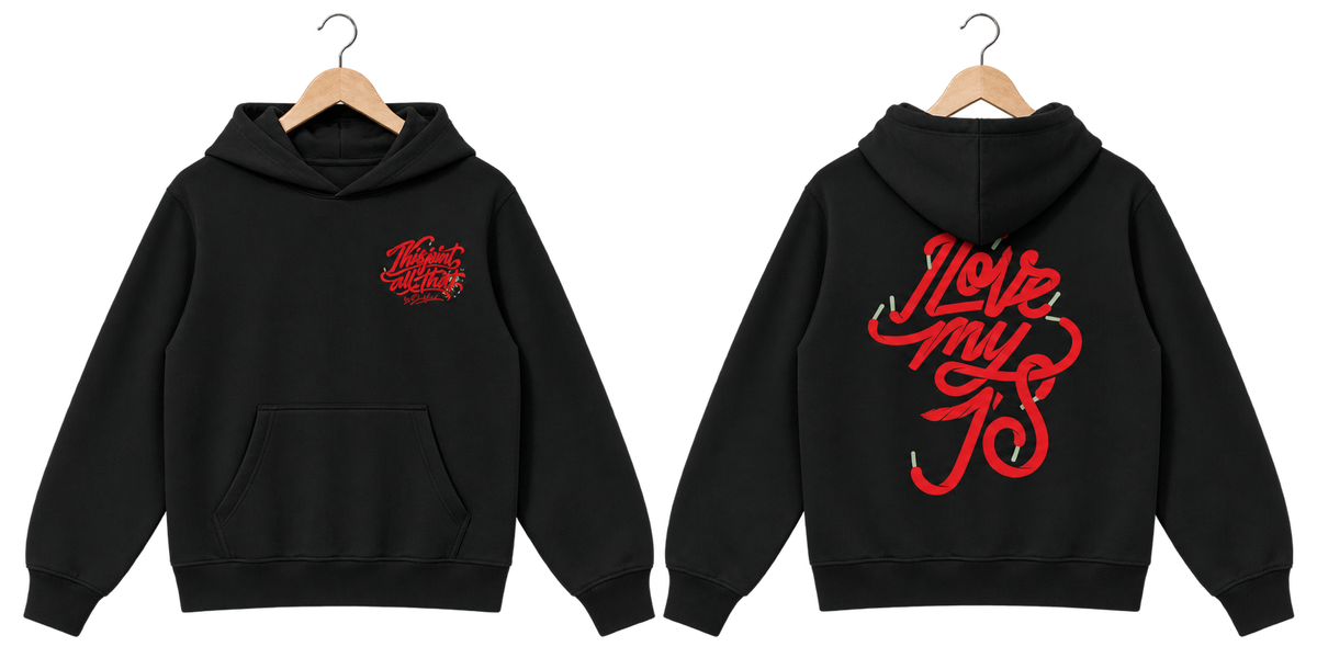 I Love My J’s Hoodie front and back on wooden hangers, hood down