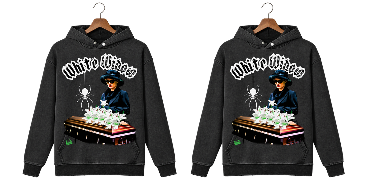 White Widow Hoodie hood down on wooden hanger