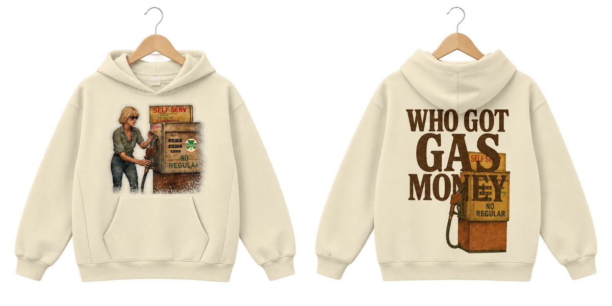 Who got gas money Hoodie front and back on wooden hangers, hood down